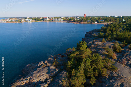 Panorama of the city of Hanko on a sunny July morning (shooting from a quadrocopter). Southern Finland