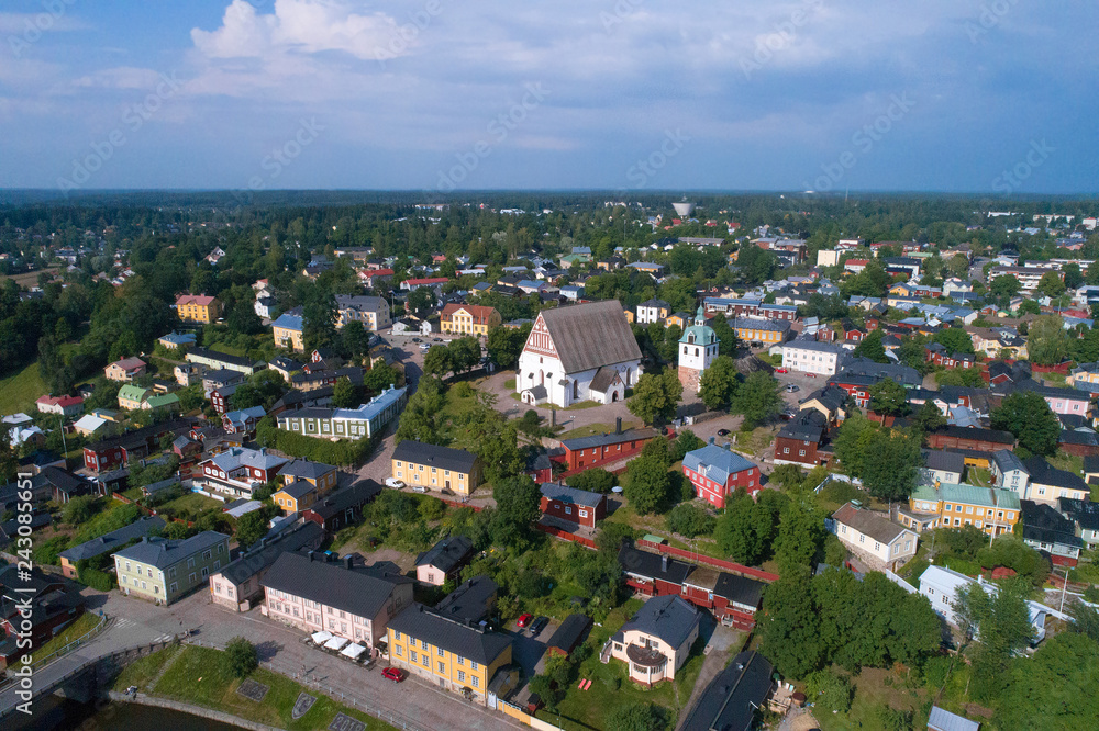 Fototapeta premium View of the medieval Lutheran cathedral in old Porvoo on a sunny July day (shooting from a quadrocopter). Finland