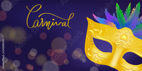 elegance designed of gold mask with colorful feather and golden carnival lettering on bokeh background. concept for costume mask to celebrate in carnival festival in vector illustration