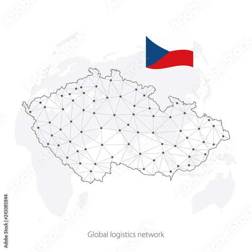 Global logistics network concept. Communications network map Czech on the world background. Map of Czech  with nodes in polygonal style and flag.