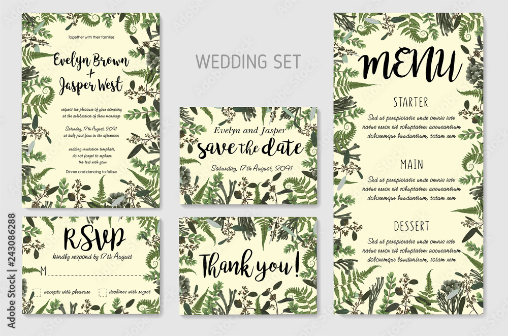 Wedding Invitation, floral invite, thank you, rsvp card design. Eucalyptus, forest fern, herbs, eucalyptus, branches boxwood, buxus, brunia, botanical green, decorative frame print. Vector elegant Wedding Invitation, floral invite, thank you, rsvp card design. Eucalyptus, forest fern, herbs, eucalyptus, branches boxwood, buxus, brunia, botanical green, decorative frame print. Vector elegant