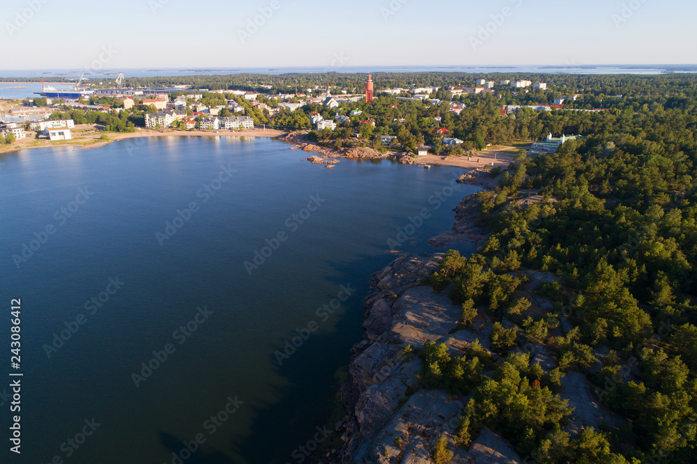 A view from the height of the city of Hanko on a warm July morning (shooting from a quadcopter). Southern Finland