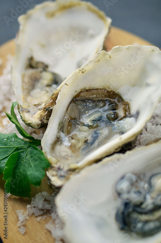 Fresh oysters on cutting board