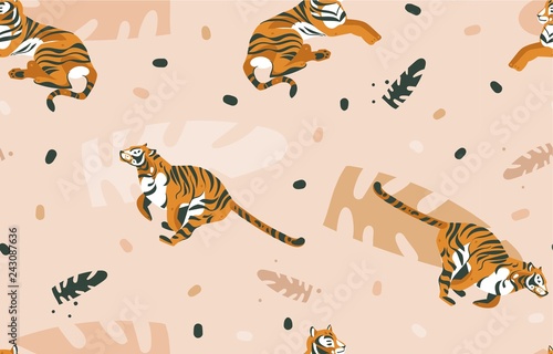 Hand drawn vector abstract cartoon modern graphic African Safari Nature illustrations art collage seamless pattern with tigers animals and tropical palm leaves isolated on color brown background