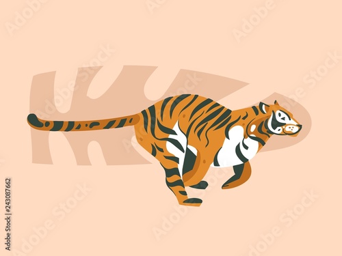 Hand drawn vector abstract cartoon modern graphic African Safari Nature concept collage illustrations art card with tiger animal and tropical palm leaves isolated on pastel color background