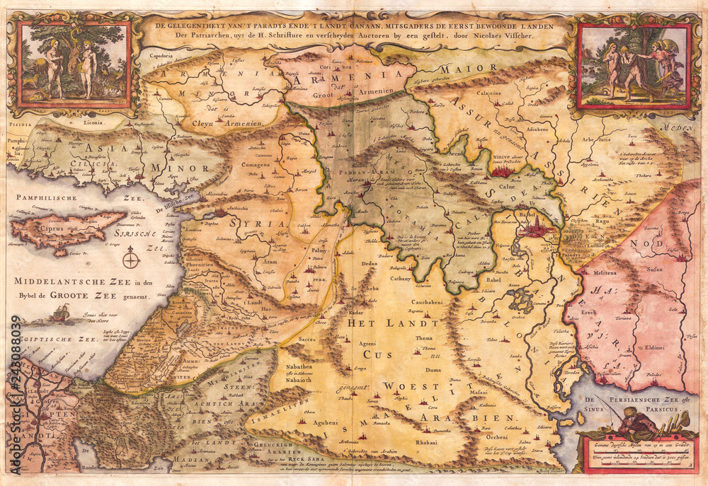 Old map of Israel, 1657, Visscher Map of the Holy Land or the Earthly Paradise