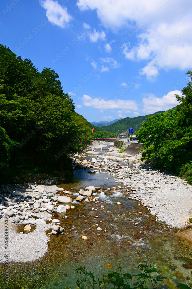 山間地の渓流、初夏の大芦川。鹿沼 栃木 日本。6月初旬。 StockFoto Adobe Stock