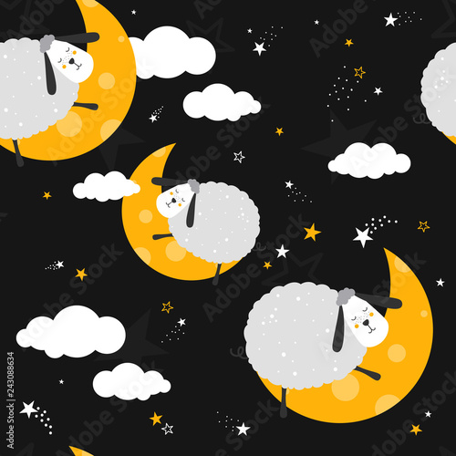 Sleeping sheeps, hand drawn backdrop. Colorful seamless pattern with animals, moon, stars. Decorative cute wallpaper, good for printing. Overlapping colored background vector. Design illustration