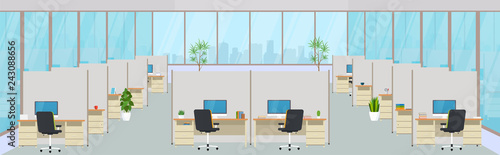 Modern office center with workplaces. Empty workspace for co-working, design business room with large windows, furniture in the interior, desktops and chairs, computer equipment.
