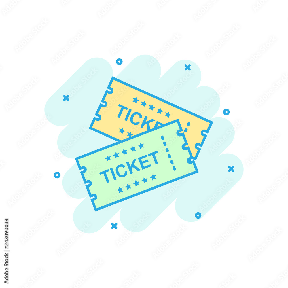 Cinema ticket icon in comic style. Admit one coupon entrance vector cartoon illustration pictogram. Ticket business concept splash effect. Cinema ticket icon in comic style. Admit one coupon entrance vector cartoon illustration pictogram. Ticket business concept splash effect.
