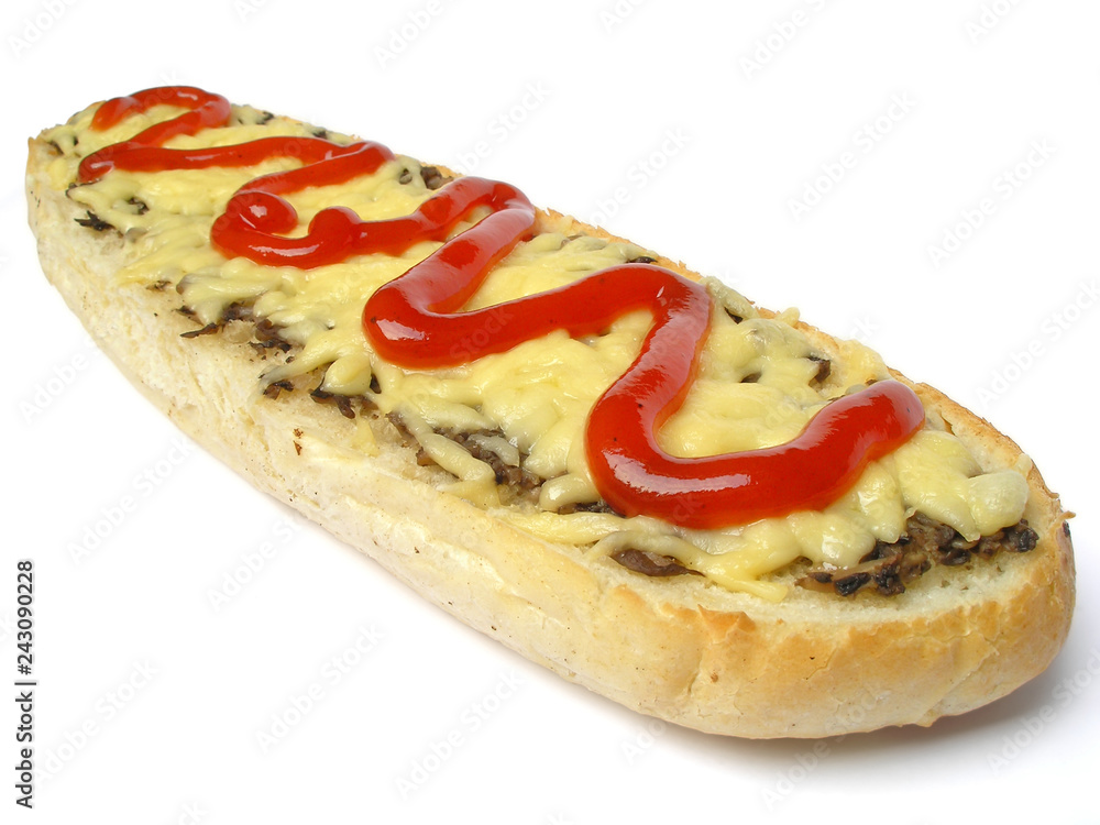 Baguette with champignons, cheese and ketchup isolated on white with clipping path Baguette with champignons, cheese and ketchup isolated on white with clipping path