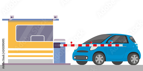 Security cabin,gate and blue car,entrance of parking