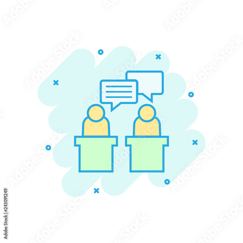 Politic debate icon in comic style. Presidential debates vector cartoon illustration pictogram. Businessman discussion business concept splash effect.