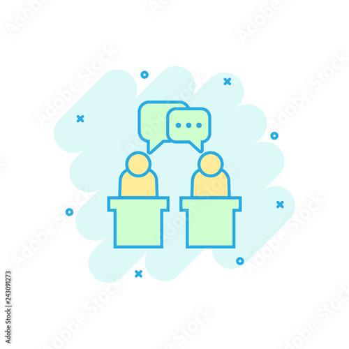 Politic debate icon in comic style. Presidential debates vector cartoon illustration pictogram. Businessman discussion business concept splash effect.