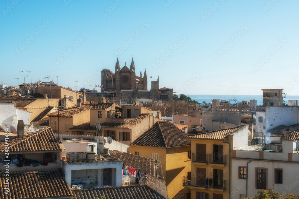 Panoramic view of Palma de Mallorca with ancient cathedral, Balearic islands, Spain