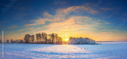 winter landscape panorama with sunrise