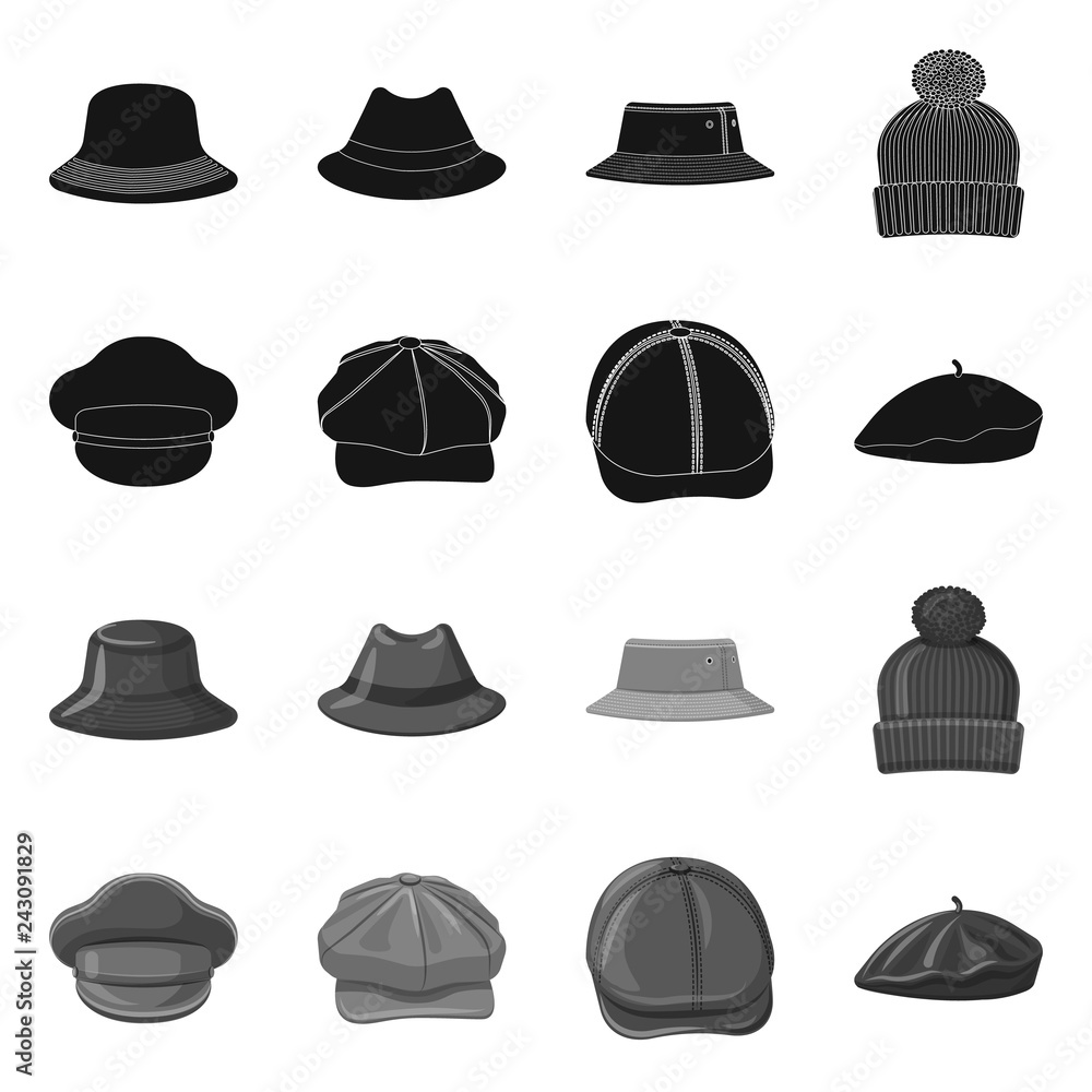 Vector design of headgear and cap symbol. Set of headgear and accessory vector icon for stock. Vector design of headgear and cap symbol. Set of headgear and accessory vector icon for stock.