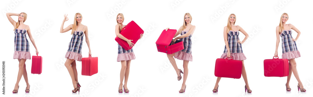 Beautiful woman with suitcase isolated on white Beautiful woman with suitcase isolated on white