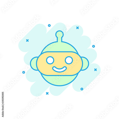 Cute robot chatbot icon in comic style. Bot operator vector cartoon illustration pictogram. Smart chatbot character business concept splash effect.