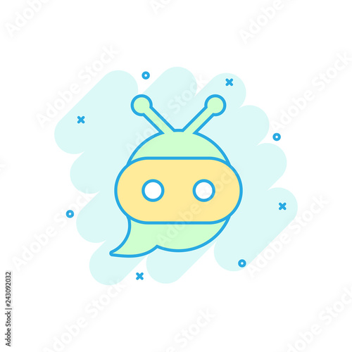 Cute robot chatbot icon in comic style. Bot operator vector cartoon illustration pictogram. Smart chatbot character business concept splash effect.