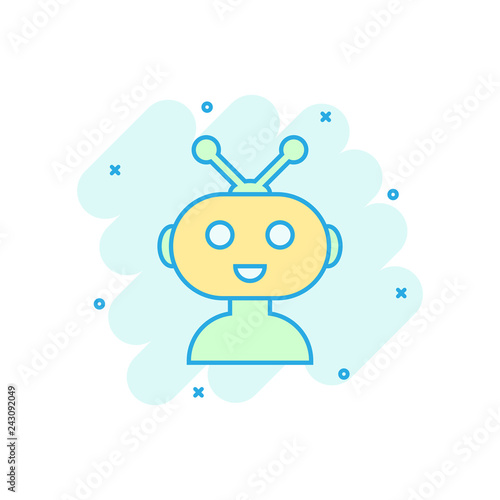 Cute robot chatbot icon in comic style. Bot operator vector cartoon illustration pictogram. Smart chatbot character business concept splash effect.