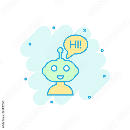 Cute robot chatbot icon in comic style. Bot operator vector cartoon illustration pictogram. Smart chatbot character business concept splash effect.
