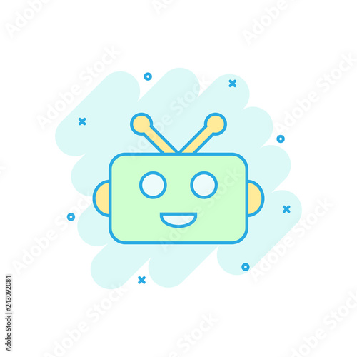 Cute robot chatbot icon in comic style. Bot operator vector cartoon illustration pictogram. Smart chatbot character business concept splash effect.