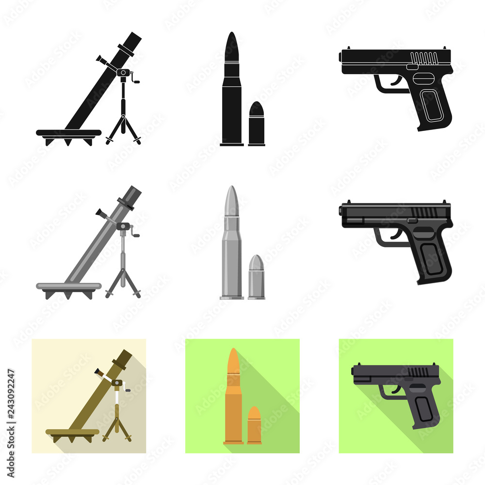 Isolated object of weapon and gun symbol. Collection of weapon and army stock vector illustration. Isolated object of weapon and gun symbol. Collection of weapon and army stock vector illustration.