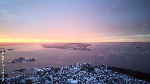 Canvas Print Aerial sunset view over Oslo fjord in Norway