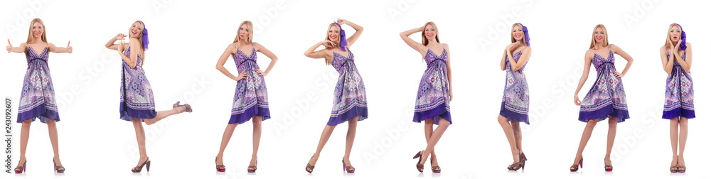 Beautiful woman in purple dress isolated on white Beautiful woman in purple dress isolated on white