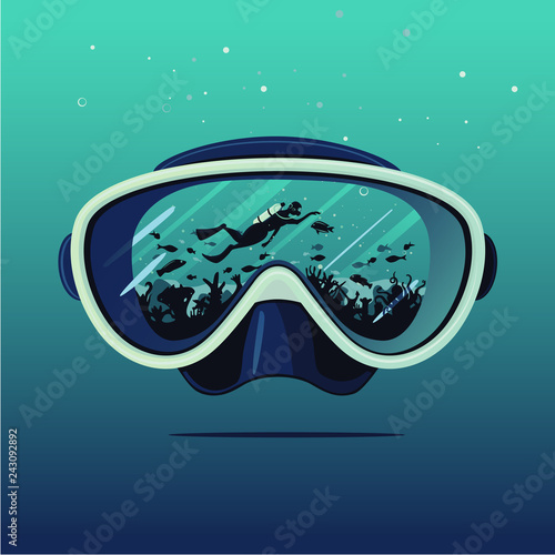 Diving mask with scuba diver on reflection. Diving on coral reef. Extreme sport vector background. Double exposure illustration.