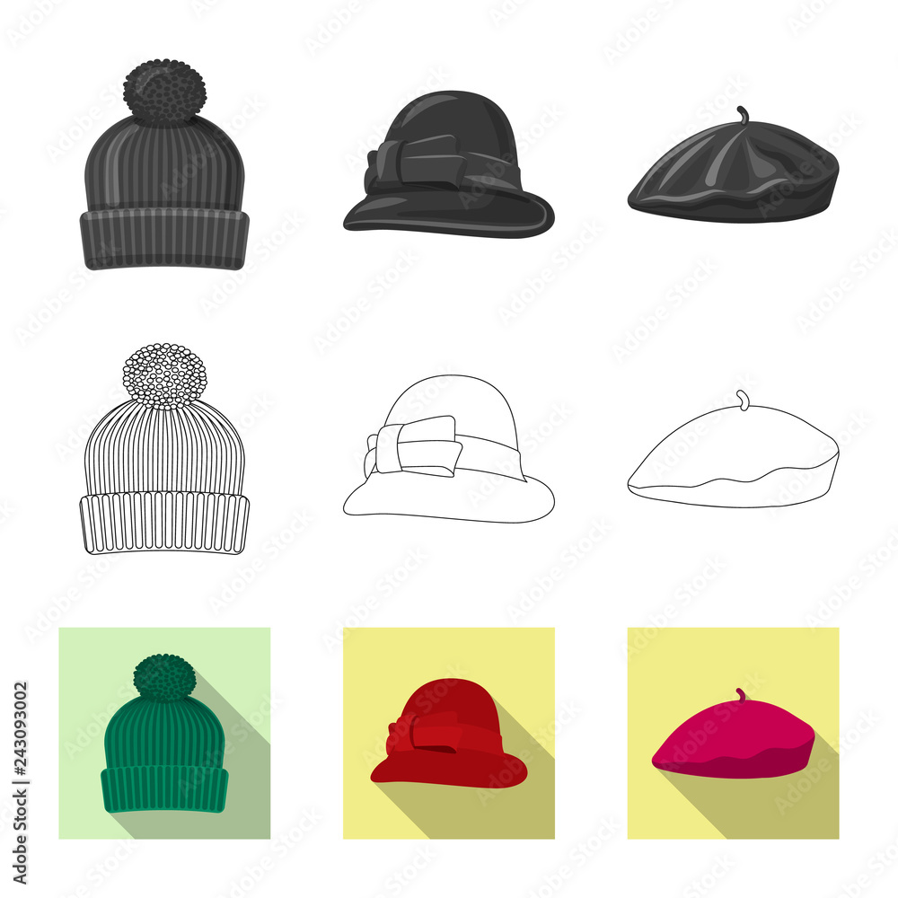 Vector design of headgear and cap logo. Collection of headgear and accessory vector icon for stock. Vector design of headgear and cap logo. Collection of headgear and accessory vector icon for stock.