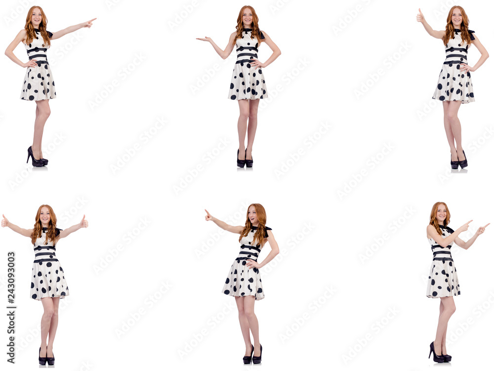 Young woman in polka dot dress isolated on white Young woman in polka dot dress isolated on white