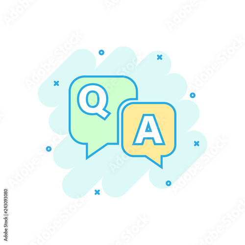 Question and answer icon in comic style. Discussion speech bubble vector cartoon illustration pictogram. Question, answer business concept splash effect.