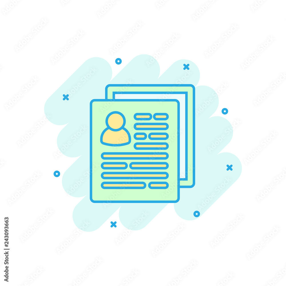 Resume icon in comic style. Contract document vector cartoon illustration pictogram. Resume business concept splash effect. Resume icon in comic style. Contract document vector cartoon illustration pictogram. Resume business concept splash effect.