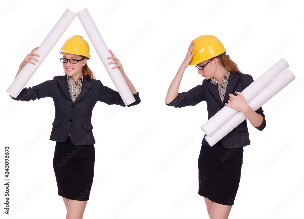 Female architect with blueprint isolated in white Female architect with blueprint isolated in white