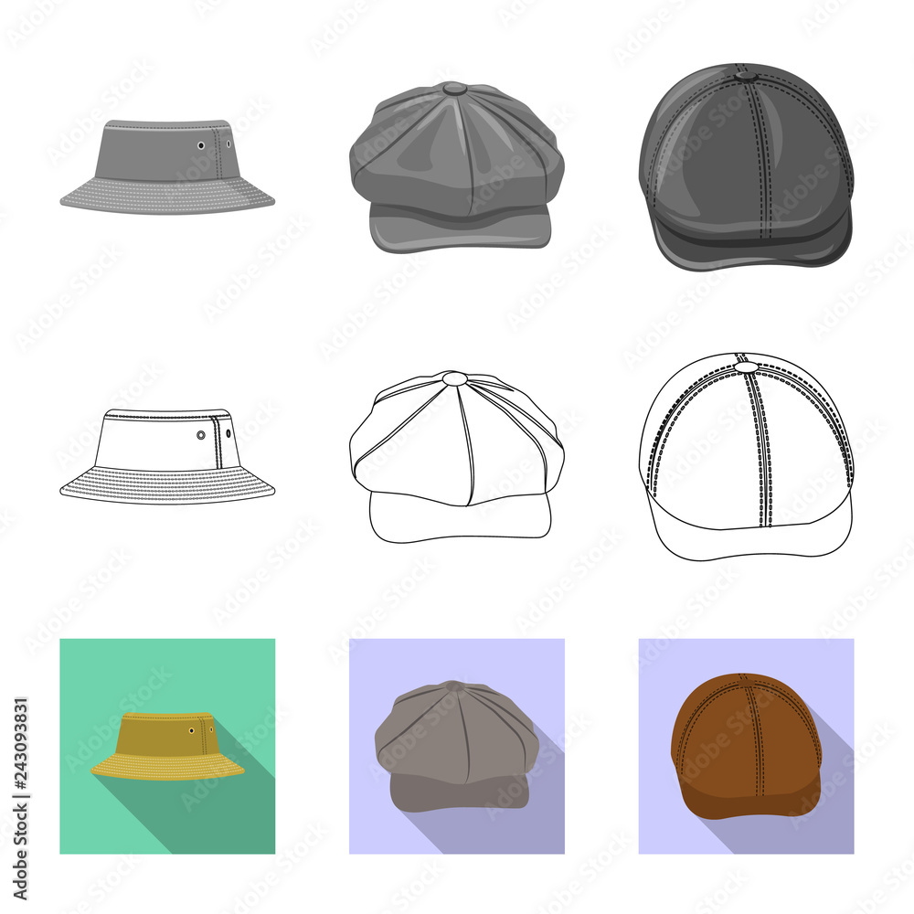 Vector illustration of headgear and cap symbol. Collection of headgear and accessory stock symbol for web. Vector illustration of headgear and cap symbol. Collection of headgear and accessory stock symbol for web.