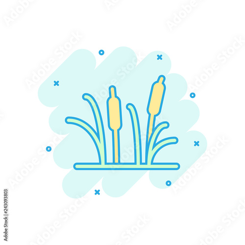 Reeds grass icon in comic style. Bulrush swamp vector cartoon illustration pictogram. Reed leaf business concept splash effect.