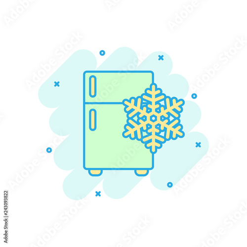 Fridge refrigerator icon in comic style. Freezer container vector cartoon illustration pictogram. Fridge business concept splash effect.