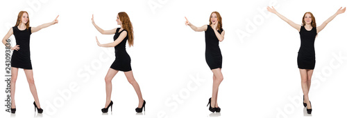 Young woman in black dress pressing virtual button  © Elnur