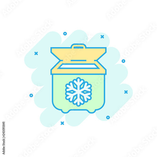 Fridge refrigerator icon in comic style. Freezer container vector cartoon illustration pictogram. Fridge business concept splash effect.