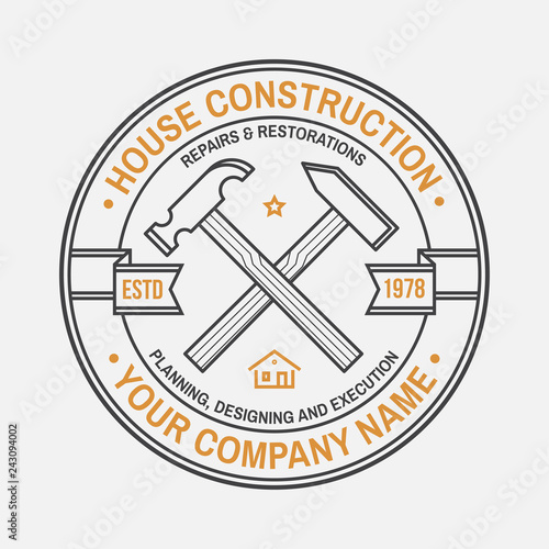 House construction company identity with crossed hammers. Vector illustration. Thin line badge, sign for real estate, building and construction company related business.