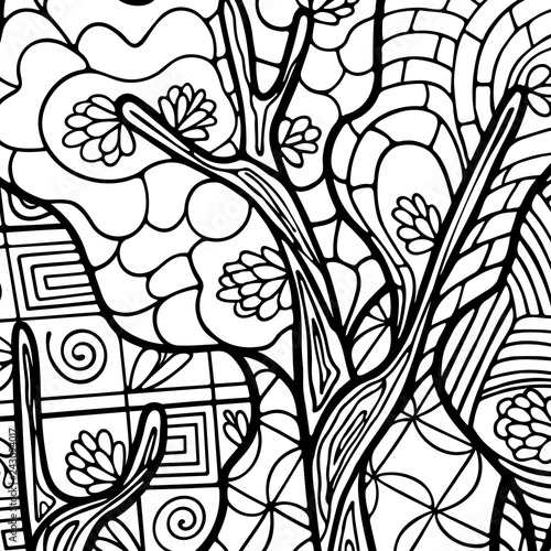 Wallpaper Mural Zen doodle pattern on white background. Tree trunk with flowers on abstract background. Stylization and fantasy. Black and white vector illustration. Coloring book for children and adults. Torontodigital.ca