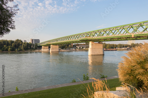 Photography Sunrise over the river Danube and the Old bridge in Bratislava