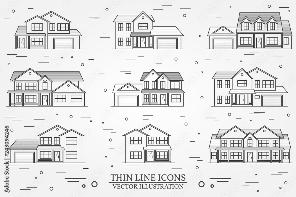 Set of vector thin line icon suburban american houses. For web