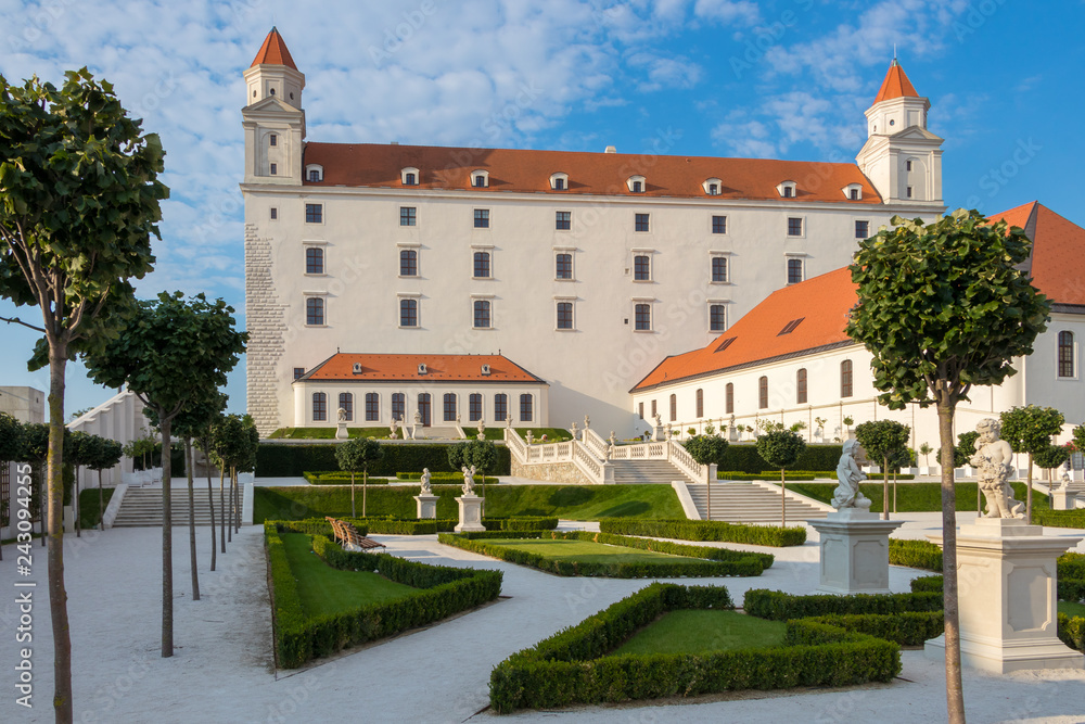 BRATISLAVA, SLOVAKIA - AUGUST 20, 2018: Wonderful flower garden in baroque style in Bratislava castle, Slovakia