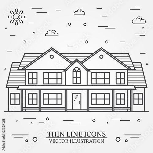 Vector thin line icon suburban american house. For web design and application interface, also useful for infographics. Vector dark grey. Vector.