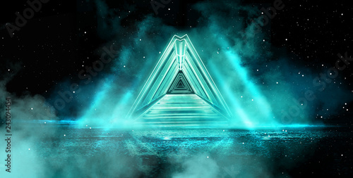 Neon pyramid  light triangle  in empty dark outer space with neon light  two  smog  searchlight rays. Blue abstract background with metal construction illuminated by a LED lamp. 3D Rendering