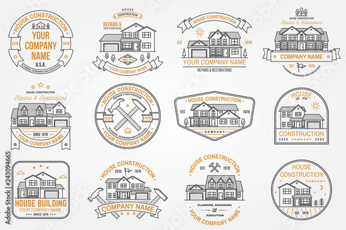 Set of House construction company identity with suburban american house. Vector illustration. Thin line badge, sign for real estate, building and construction company related business.