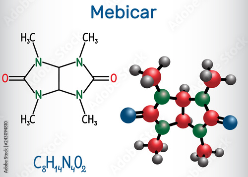 Mebicar (mebicarum) anxiolytic drug molecule. Structural chemical formula and molecule model